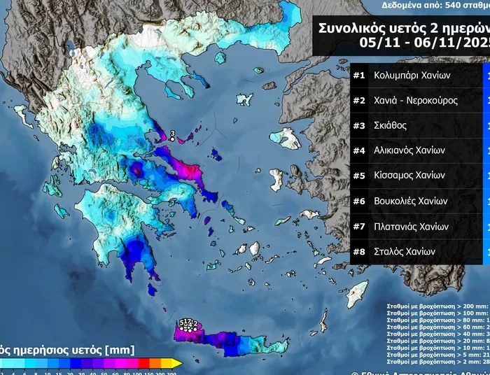 Αξιόλογα ύψη βροχής σε Κρήτη το διήμερο 5 και 6 Νοεμβρίου 2025