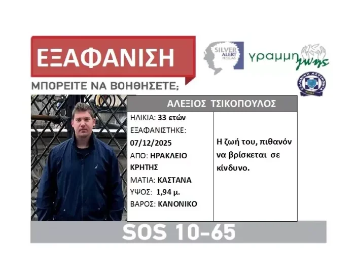 ΗΡΑΚΛΕΙΟ Αγωνία για την εξαφάνιση του 33χρονου Αλέξη