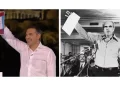 Ο Αλέξης Τσίπρας και ο Ανδρέας Παπανδρέου με το χαρτί της ιδρυτικής διακήρυξης της ΕΛΑΣ και του ΠΑΣΟΚ αντίστοιχα με διαφορά 52 ετών